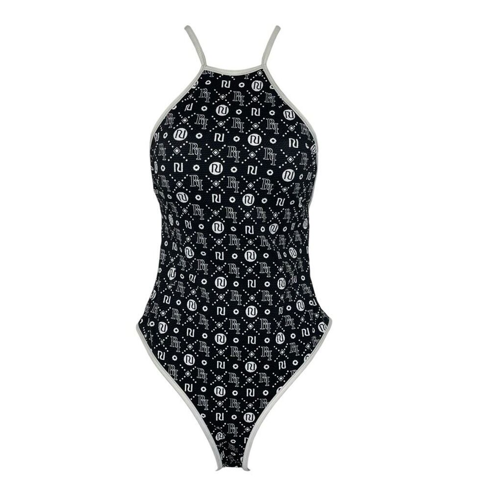 River Island Resort One Piece Swimsuit Black White Logo Print Women’s US 10